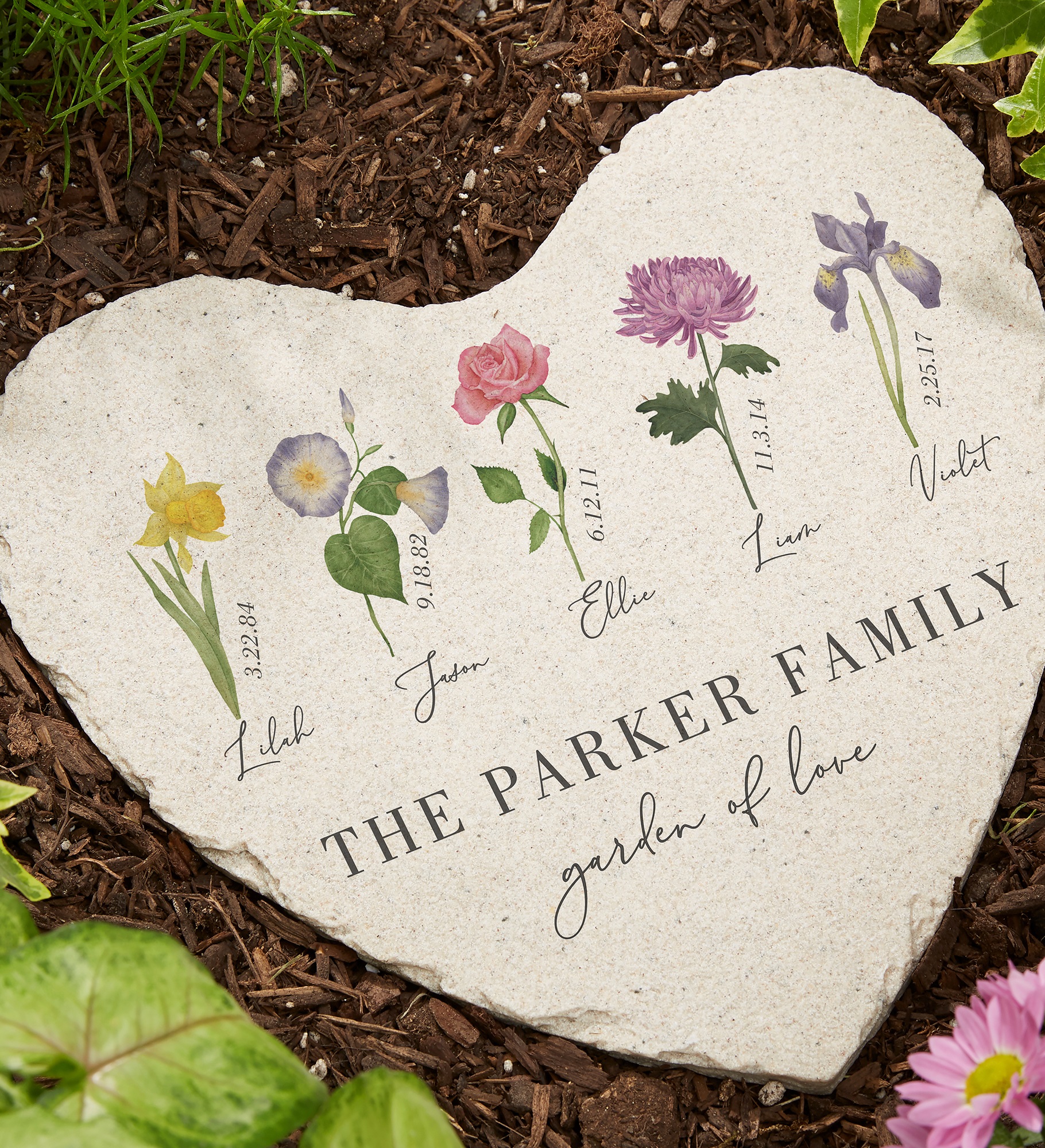 Birth Month Flower Personalized Heart Garden Stones